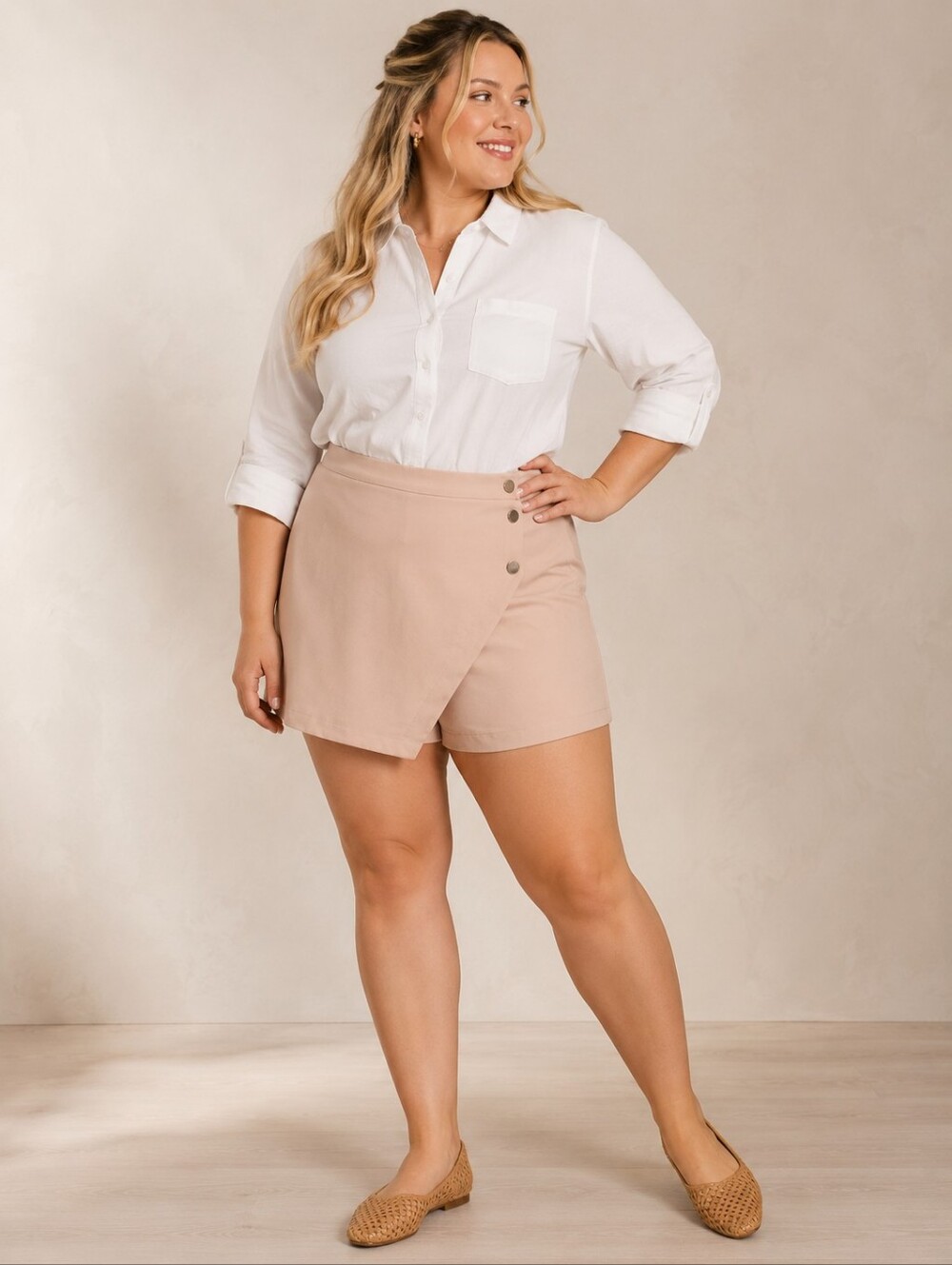 AdditionElle Plus-Size 24: Wrap Skort in Beige Gold Buttons